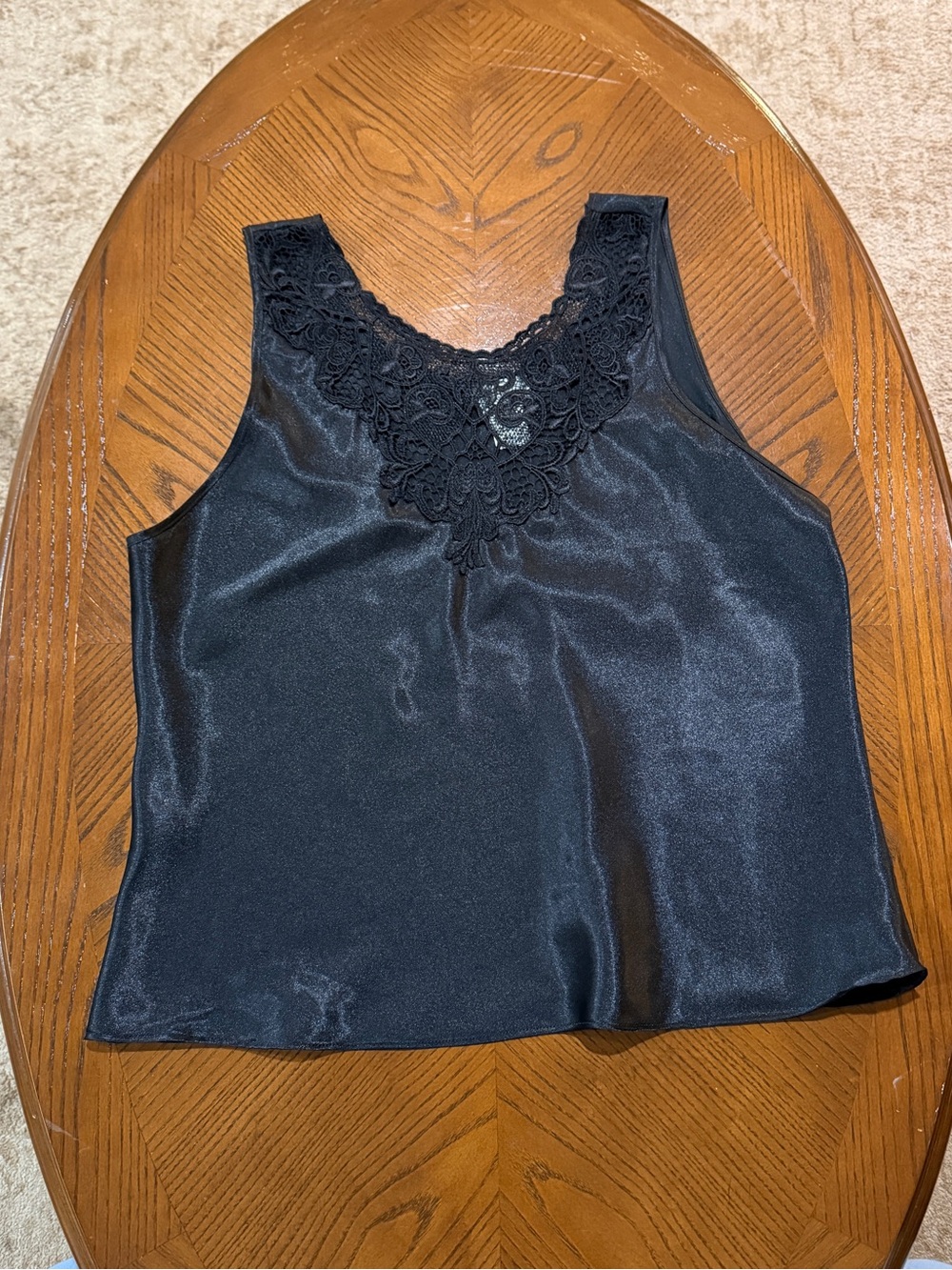 Vintage Black Lace Yoke Satin Tank Top - Women